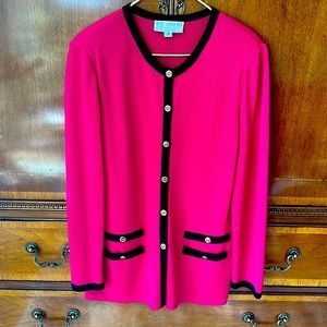 St. John Collection by Marie Gray, fuchsia pink jacket with black trim, size 10.